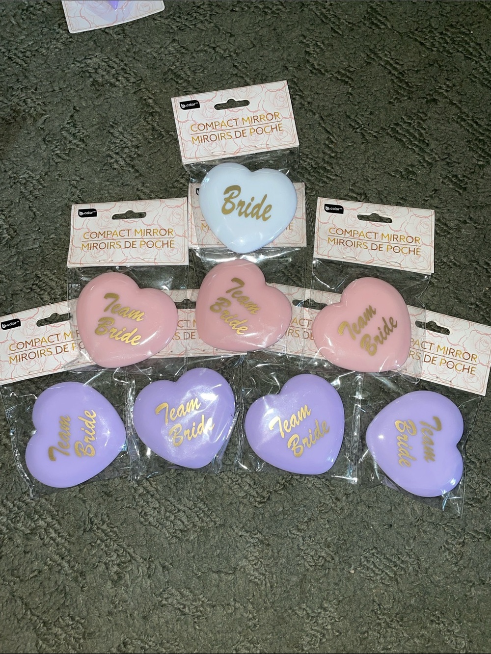 Bride & Team Bride Heart Compact Mirrors - 3 Pink, 4 Purple, 1 White - 8 Total